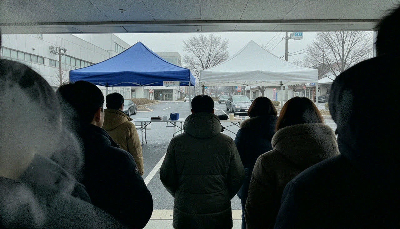 대기줄 안에서 본 두 개의 천막. 파란 것과 흰 것.