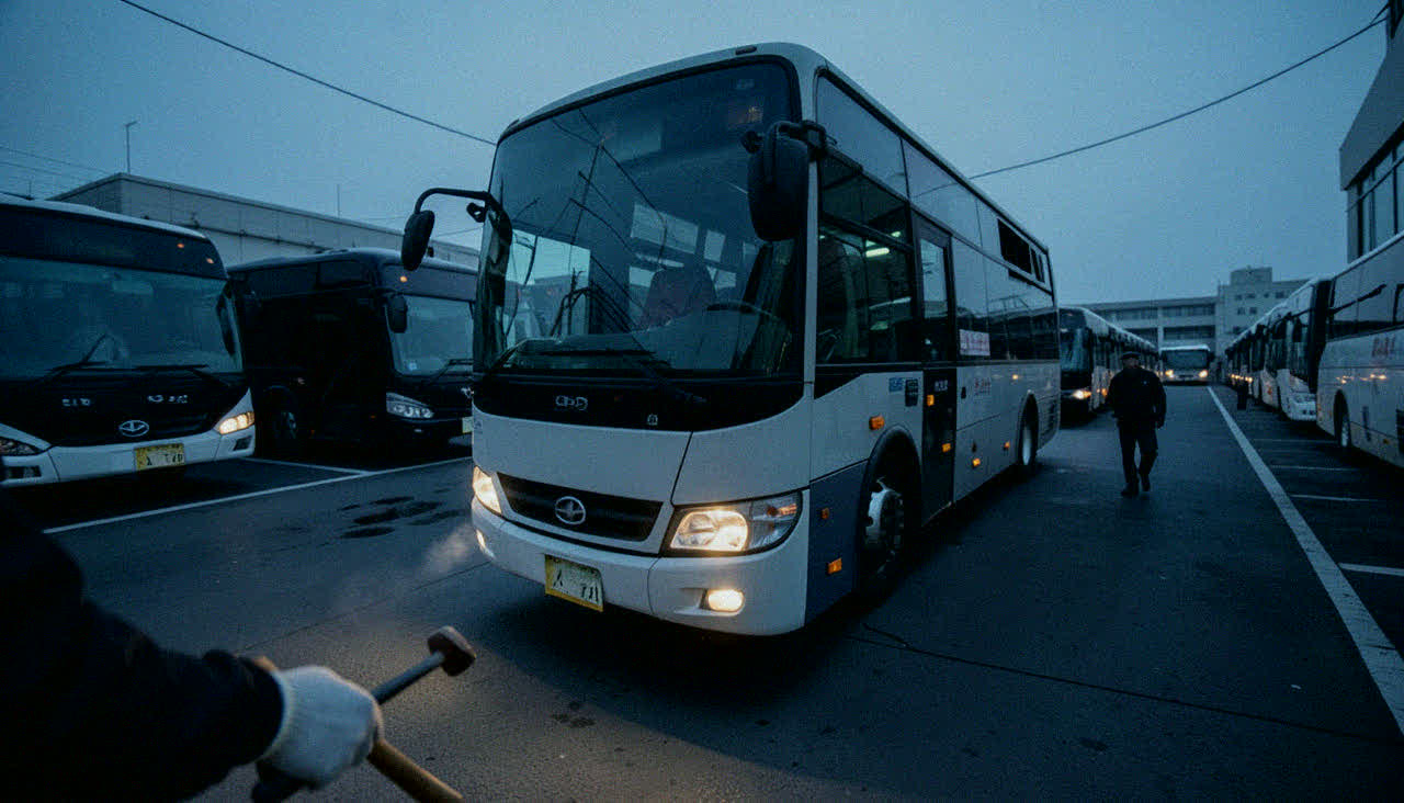 새벽 버스 차고지. 시동을 건 버스 한 대 앞에서 점검 망치를 든 손. 뒤편 차량들은 줄지어 주차돼 있다.