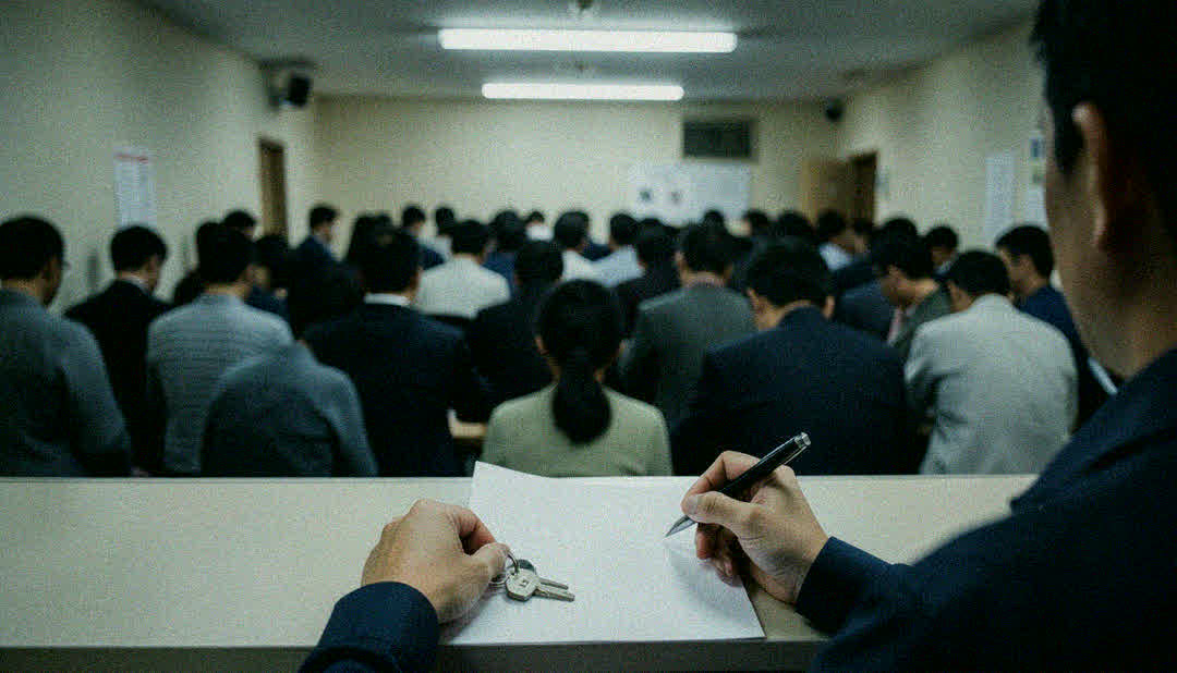 작성대 위 서류 한 장. 왼손에는 열쇠 뭉치, 오른손에는 볼펜. 그 너머로 대기석을 채운 사람들의 뒤통수.