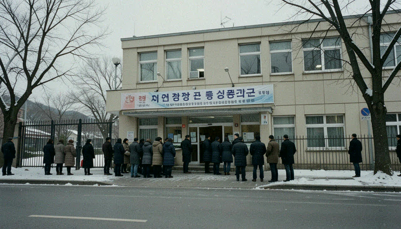 시험 병동 정문. 배너 아래 선 줄. 등을 보인 사람들.