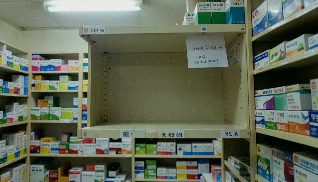 약국 진열대. 한 칸이 비어 있고 안내 쪽지가 붙어 있다. 글자 흐림.
