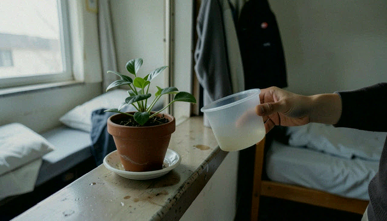 기숙사 방 창가. 두 침대 사이 좁은 선반 위 화분에 플라스틱 통으로 물을 주는 손. 얼굴은 프레임 밖.