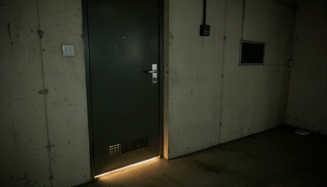 단지 펌프실 철문. 문틈으로 새는 불빛.