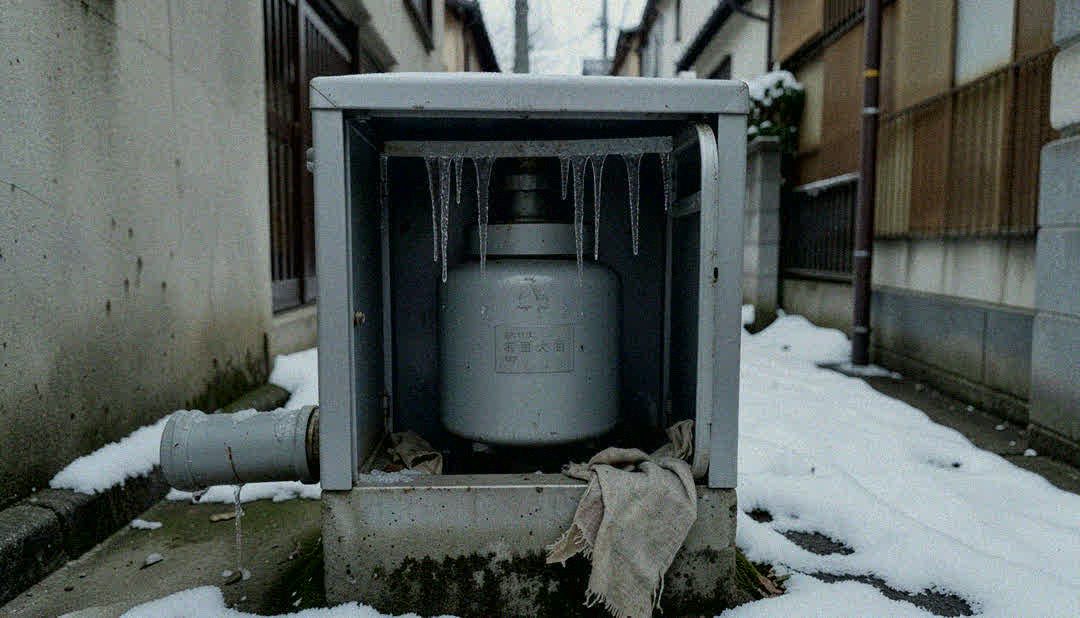 고드름 낀 수도 계량기함. 열린 뚜껑.